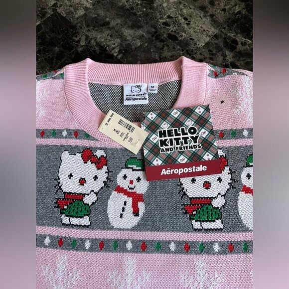 Women's Hello Kitty Sweater Snowmen & Snowflake Graphic Knit Isle Style  Pink - Picture 9 of 11